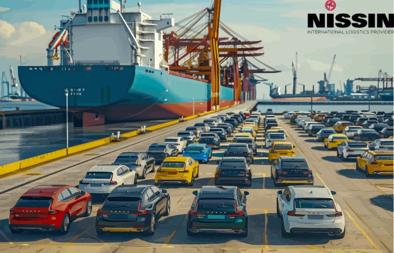International Car Transportation: Cars parked in front of a cargo ship